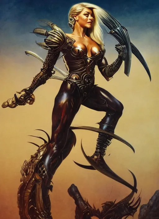 Prompt: a stunning medium shot portrait of julianne hough as a futuristic warrior, digital art by frank frazetta and boris vallejo and julie bell and moebius, highly detailed, trending on artstation, hq