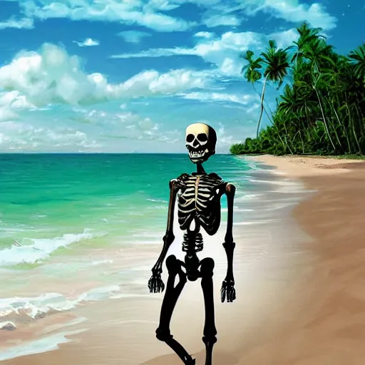 Image similar to Beautiful digital painting portrait of relaxed skeleton walking on the tropical beach with (nuclear bomb explosion in the background)!!!, by James Gurney, high quality, trending on Artstation, realistic, tropical color scheme, anatomically correct skeleton, high coherence, clear blue sky