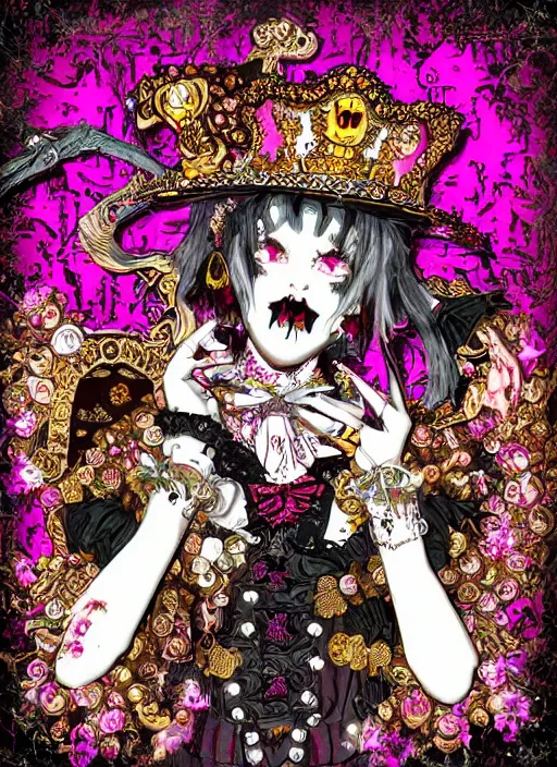 Image similar to baroque bedazzled gothic royalty frames surrounding a pixelsort emo demonic horrorcore Japanese maximalist decora Mad Hatter, sharpened early computer graphics, remastered chromatic aberration