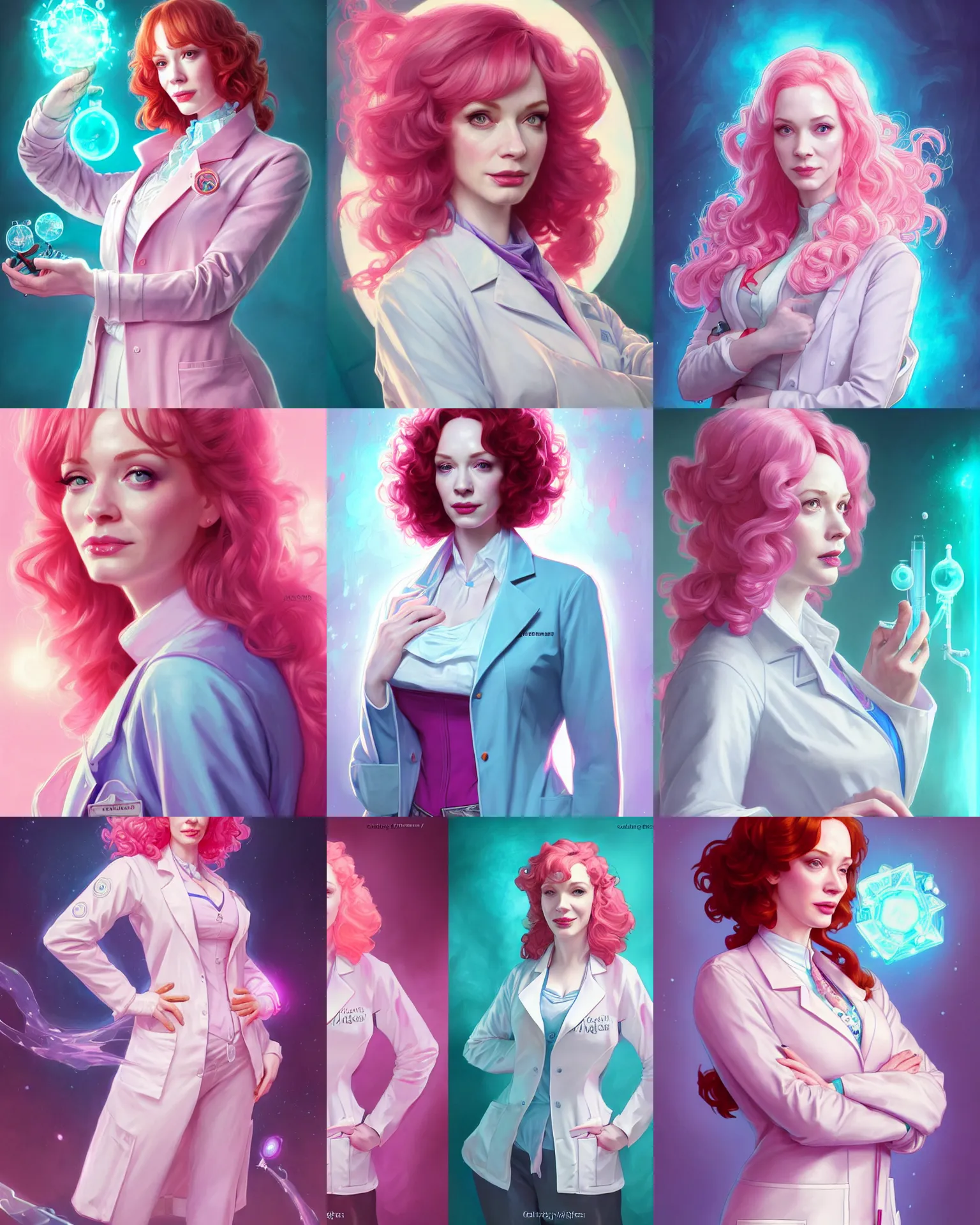 Prompt: christina hendricks as a confident scientist, wearing a labcoat, cyan pink and white color scheme, deep focus, d & d, fantasy, intricate, elegant, highly detailed, digital painting, artstation, concept art, matte, sharp focus, illustration, hearthstone, art by artgerm and greg rutkowski and alphonse mucha