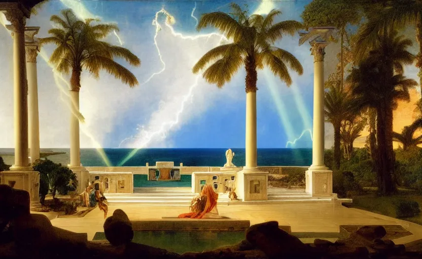 Image similar to mediterranean balustrade and columns, refracted lightnings on the ocean, thunderstorm, greek pool, beach and Tropical vegetation on the background major arcana sky and occult symbols, by paul delaroche, hyperrealistic 4k uhd, award-winning, very detailed paradise