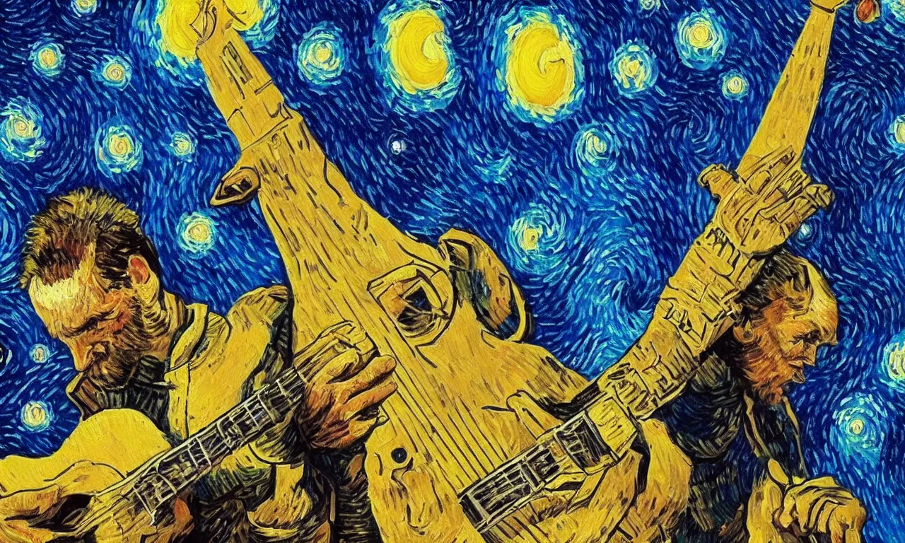 Prompt: 'high definition cg painting of a soviet cosmonaut playing the guitar in the style of van gogh's starry night'