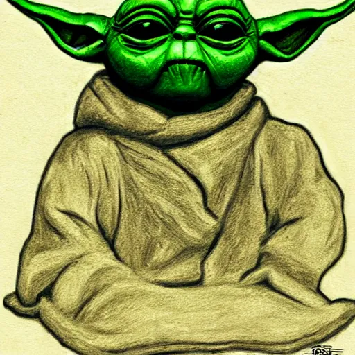 Prompt: coal drawing of Yoda meditating