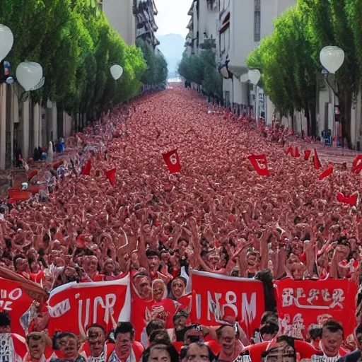 Prompt: the running of the screaming kim jong uns in pamplona spain