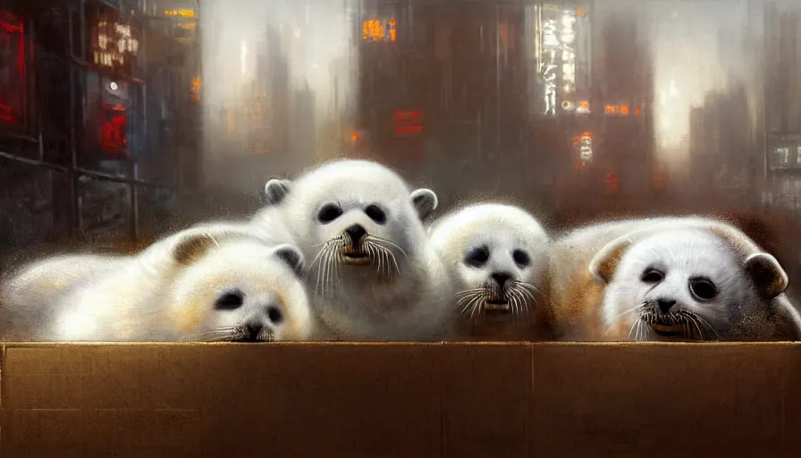 Prompt: highly detailed painting of cute furry white baby seals cuddled up in a cardboard box in a dystopian cyberpunk street by william turner, by greg rutkowski, thick brush strokes and visible paint layers, 4 k resolution, retrowave colour scheme