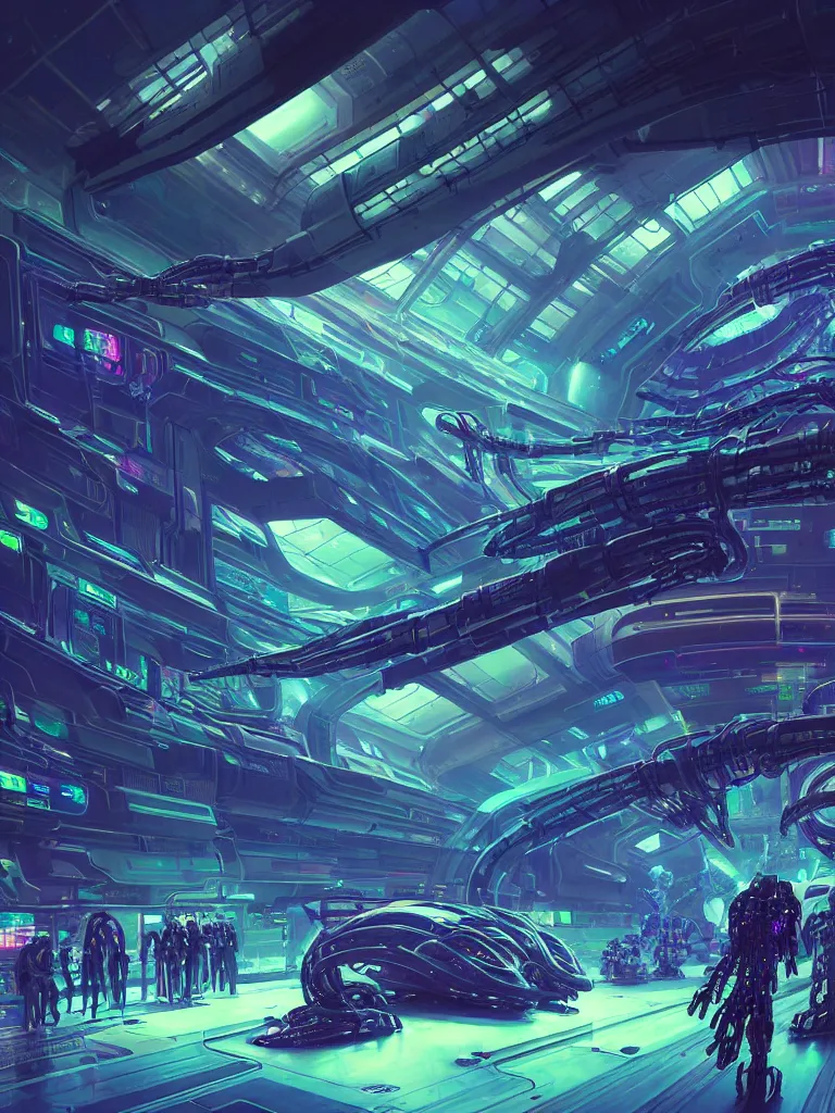 Image similar to the interior of a celestial spaceship cyberpunk hangar in a bioluminescent walls decorated beautifully, lots of cyberpunk design elements like humanoids and mecha robots, warm sunlight shining in, lots of cables and neon signs, concept art 8 k resolution, fantasy illustration, sharp focus, detailed painting, deep color, volumetric lighting, crepuscular rays