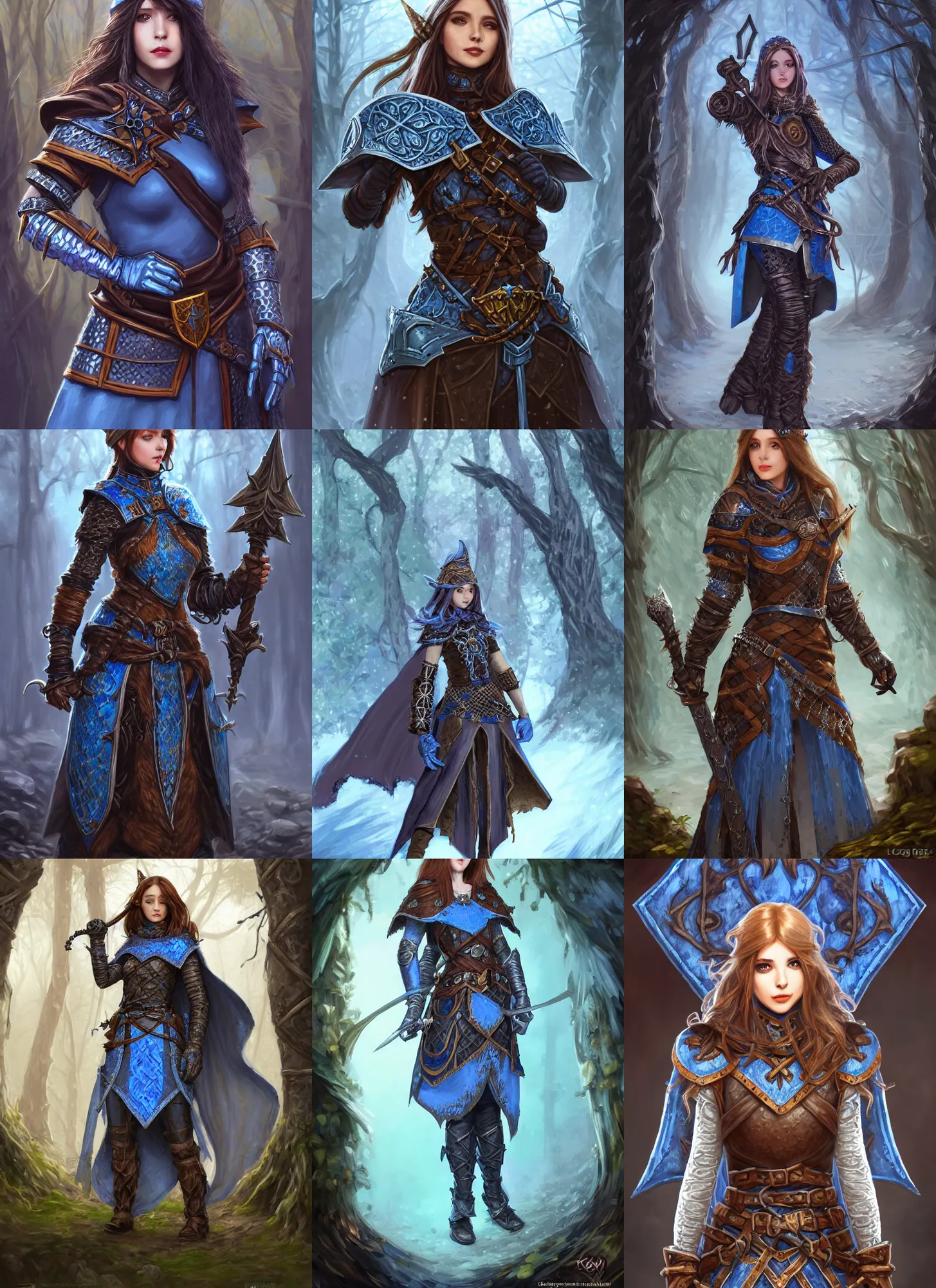 Prompt: portrait knight female chainmail blue surcoat tabard in the grim forest, elf long weaving brown hair, round medallion, leather gloves, blue surcoat, wide belt scabbard, shield, dnd fantasy, intricate, digital painting, artstation, concept art, matte, sharp focus, illustration, hearthstone, art by loes romero, artgerm, mucha