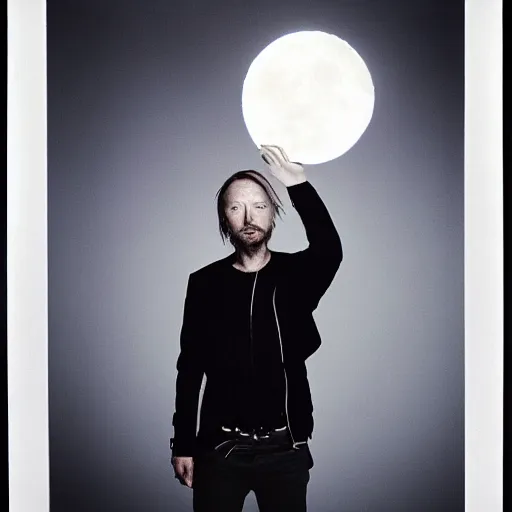 Image similar to Thom Yorke, Radiohead singer Thom Yorke, holding the moon upon a stick, with a beard and a black jacket, a portrait by John E. Berninger, dribble, neo-expressionism, uhd image, studio portrait, 1990s