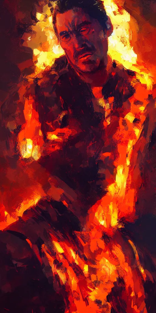 Image similar to abstrsct painting of man on fire, by craig mullins, featured on artstation. Portrait.