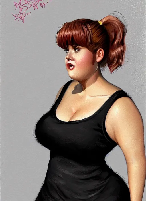 Image similar to full body portrait of teenage betty cooper, obese, bangs, ponytail, sultry, realistic, sultry smirk, ponytail hairstyle, fluffy bangs, curly bangs, skirt, fat, belly, intricate, elegant, highly detailed, digital painting, artstation, concept art, smooth, sharp focus, illustration, art by wlop, mars ravelo and greg rutkowski