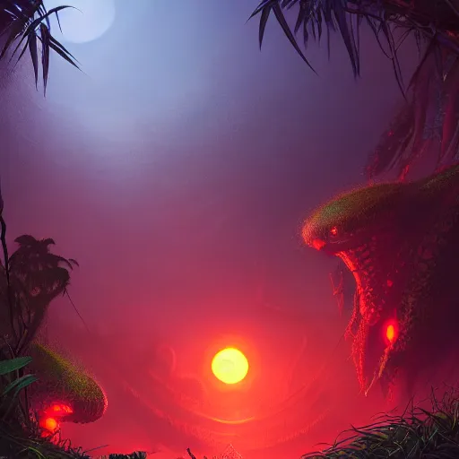 Prompt: robot snake in the middle of the jungle spying enemy country, red glowing eyes, dense jungle, middle of night, hd, uhd, 8 k, noise, illustration, sharp focus, detailed, sharpen, artstation, elegant, highly detailed, fantasy, futuristic
