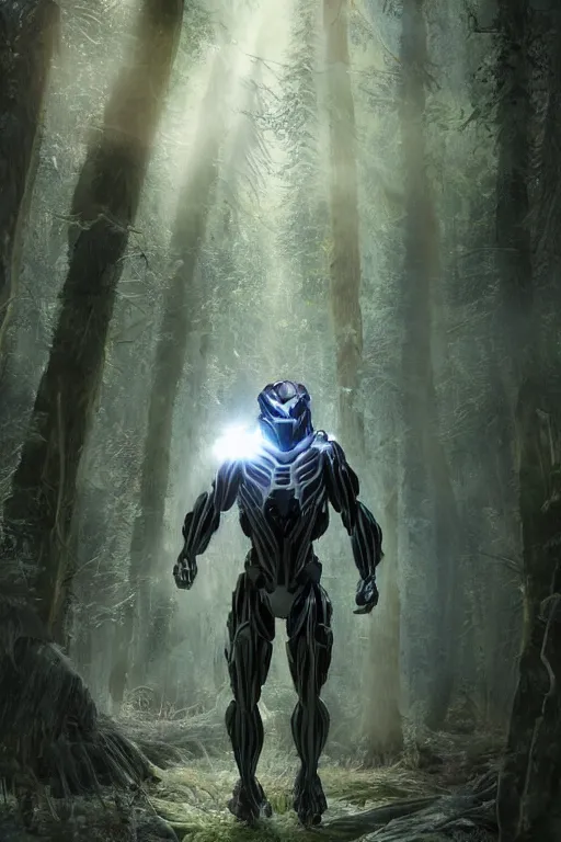 Image similar to Crysis Nanosuit worn by a fluffy teddybear without an helmet, a forest with rays of light coming through the canopy, masterpiece, dystopian, sci-fi, extremely detailed, digital painting, sculpted in zbrush, artstation, concept art, smooth, sharp focus, illustration, chiaroscuro lighting, golden ratio, incredible art, artgerm, greg rutkowski, alphonse mucha, simon stalenhag, carravaggio