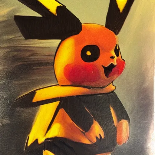 Image similar to old oil painting of a Pikachu in cyberpunk style