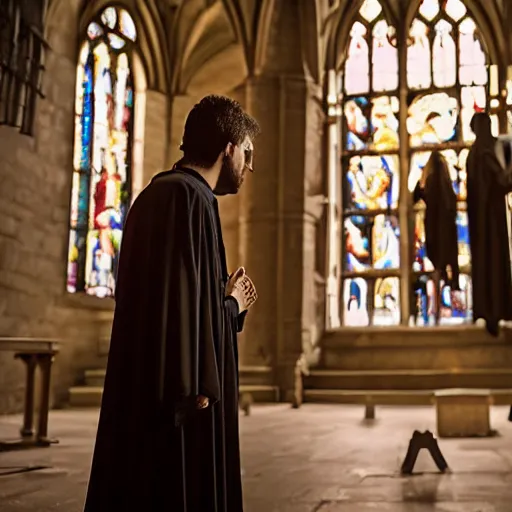 Image similar to angel protecting man who is praying inside a gothic church, cinematic style, 4K highly detailed, light studio style