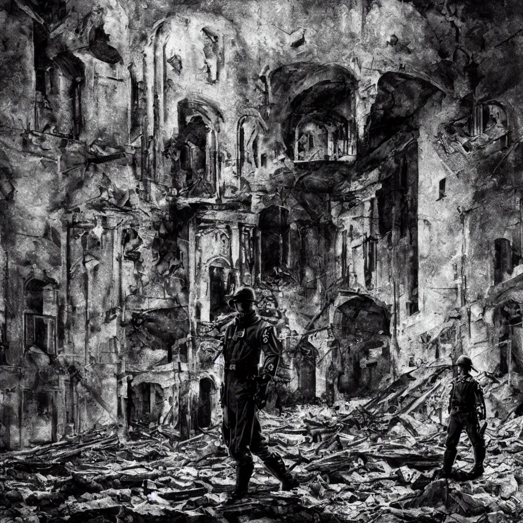 Image similar to dramatic portrait of a lone nazi soldier standing in the ruins of a synagogue church by bill sienkiewicz, hyperdetailed mixed media painting, dark atmosphere, hyperrealism, film noir, photorealism, high contrast 8k