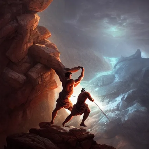 Image similar to Hercules in an intense fight against Perseus over a cliff, artwork by Stefan Kopinski and Guillem H. Pongiluppi, photo realistic, atmospheric lighting, HDR, high detail