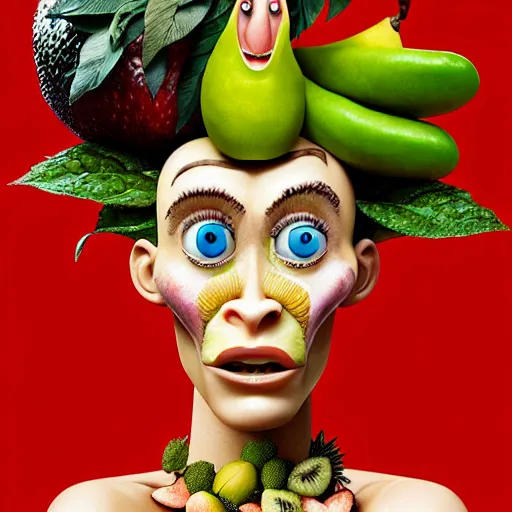 Image similar to megan fox vegan editorial by malczewski, character sculpture by arcimboldo, stil frame from'cloudy with a chance of meatballs 2'( 2 0 1 3 ) of fruit dryad, fruit hybrid megan fox editorial by alexander mcqueen and arcimboldo