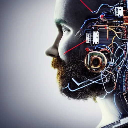 Image similar to Beautiful Photo of Arduino Uno in the robot's head. cyborg beard man profile view. Cyberpunk. splatterpunk. 4K