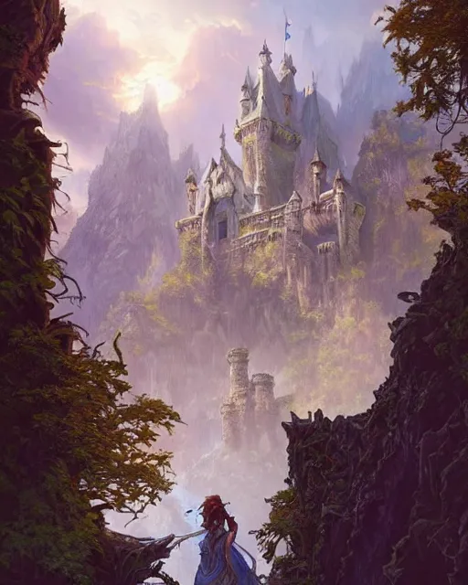 Image similar to A gorgeous fantasy landscape with a decaying castle in the background D&D, fantasy, intricate, elegant, highly detailed, digital painting, artstation, concept art, matte, sharp focus, illustration, hearthstone, art by Artgerm and Greg Rutkowski and Alphonse Mucha