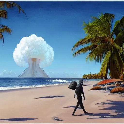 Image similar to Beautiful digital painting portrait of relaxed skeleton walking on the tropical beach with (nuclear bomb explosion in the background)!!!, by James Gurney, high quality, trending on Artstation, realistic, tropical color scheme, anatomically correct skeleton, high coherence, clear blue sky