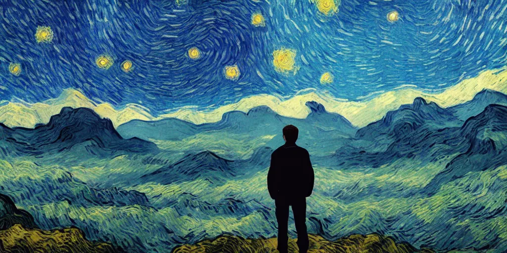 Prompt: landscape, mountain ranges, sky, style of Van Gogh starry night, atmospheric, cinematic, photographic, photoreal, digital art, small man center standing on mountain, valley mist