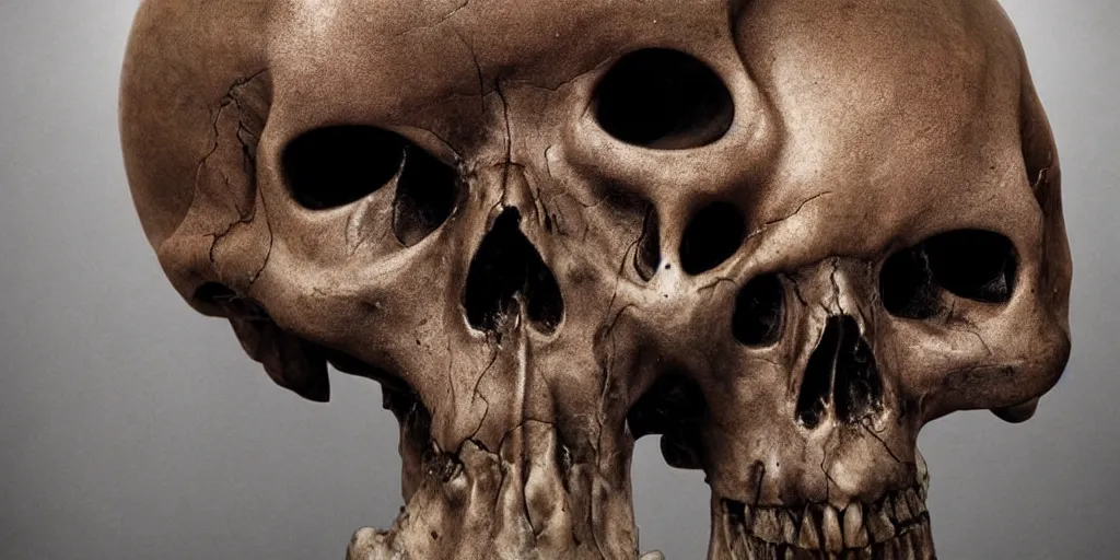 Image similar to an alien skull closeup, studio lighting, deep colors, apocalyptic setting, gross, evil