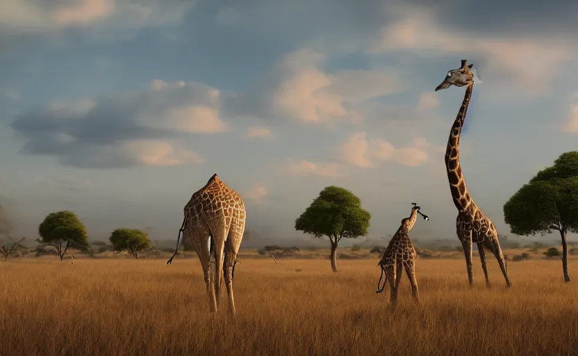 Image similar to the child of a blue whale and a giraffe, landscape of savanna, 4k, octane render, photorealistic, hyperrealism