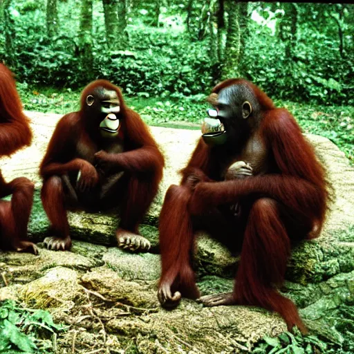 Image similar to a swat team consisting of orangutans listening a briefing from their gorilla leader, award winning vintage 1 9 9 0 photo