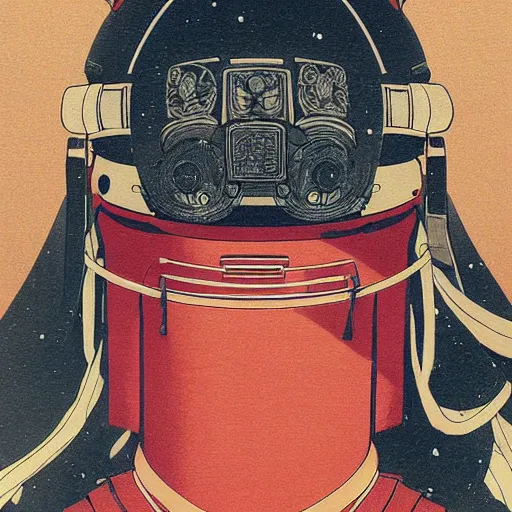 Prompt: a beautiful ukiyo painting of samurai in space futuristic helmet, wearing space techwear, detailed symmetrical close up portrait, intricate complexity, by takato yamamoto, wlop, krenz cushart, makoto shinkai, cinematic dramatic atmosphere, sharp focus