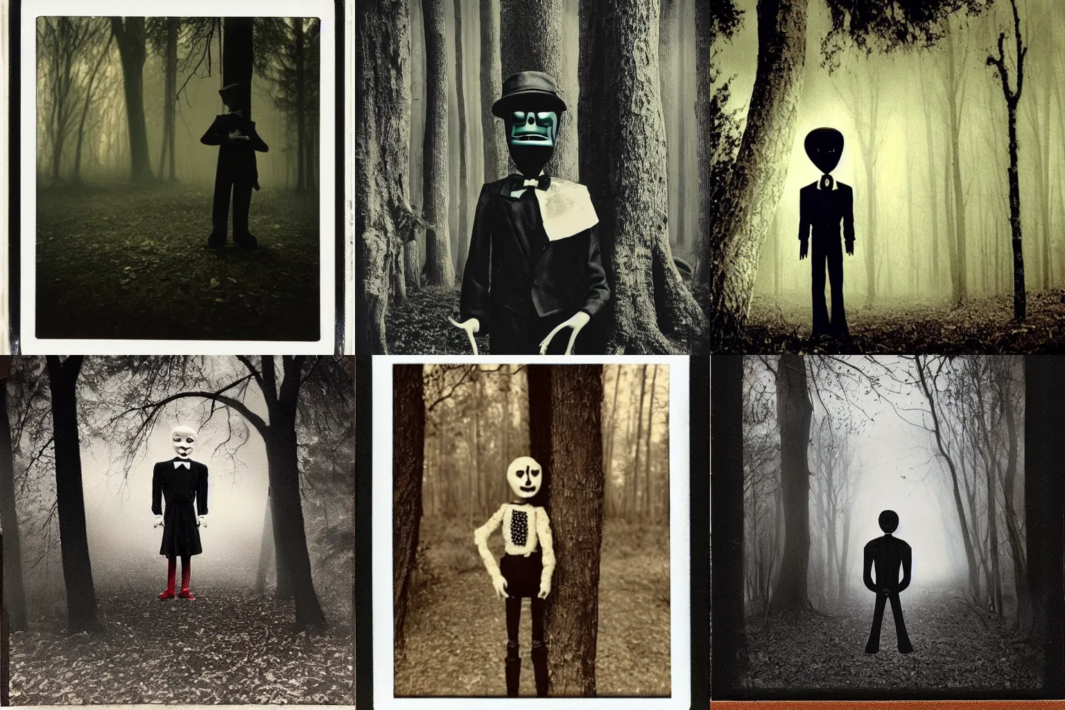 Prompt: A highly detailed masterpiece eerie polaroid of a ventriloquist dummy standing behind a tree in the woods horror, scary, terrifying, horrific, nighttime, dimly lit, creepy hd 4k