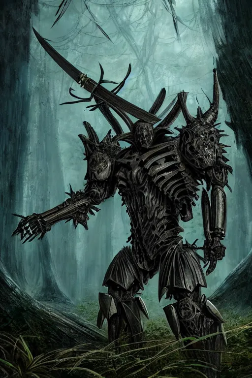 Prompt: neo - gothic giant muscular humanoid chimera, exoskeleton armor, holding katana, dystopian ruins covered in vegetation, highly detailed smooth concept art masterpiece, vitaly bulgarov giger dramatic dark teal light, ground angle hd 8 k, sharp focus