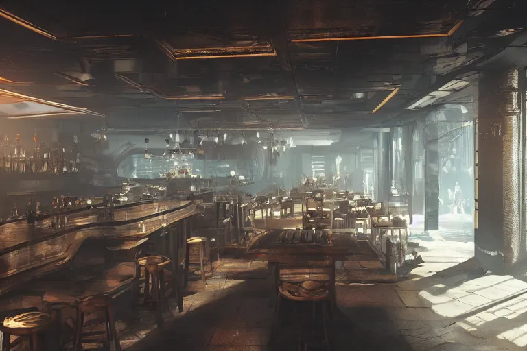 Prompt: ultra mega super hyper realistic Digital concept interior design of cyberpunk tavern. Natural white sunlight from the transperient roof. Rendered in VRAY and DaVinci Resolve and MAXWELL and LUMION 3D, Volumetric natural light