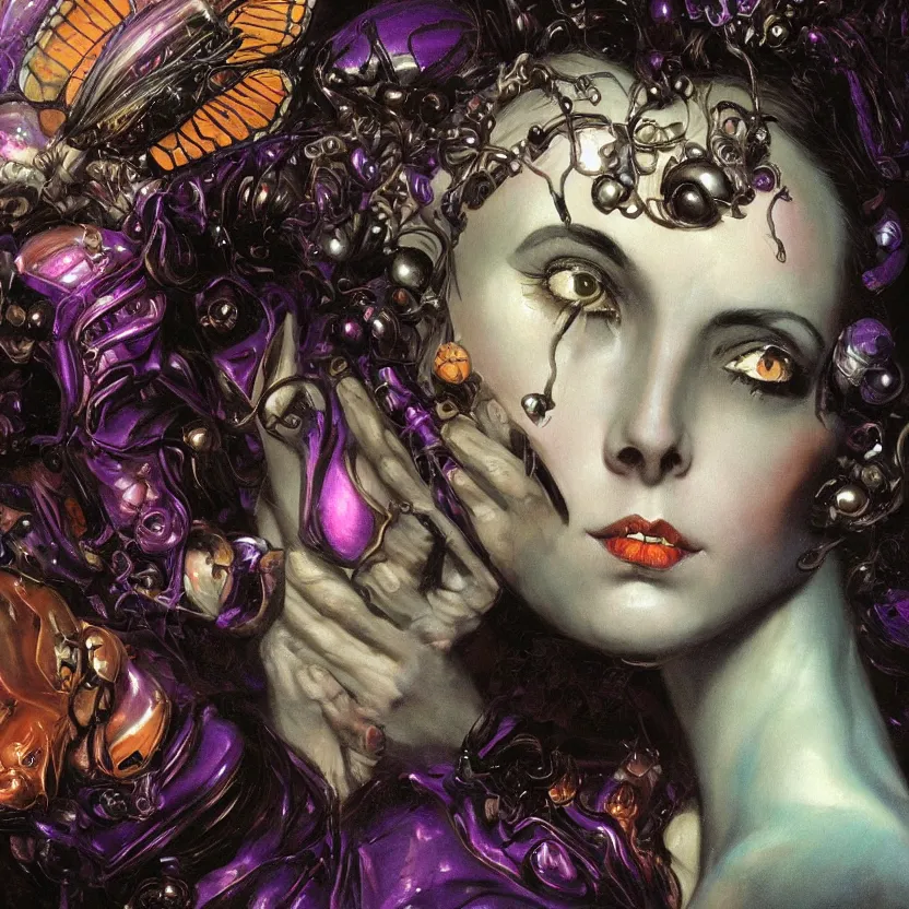 Prompt: baroque neoclassicist close - up portrait of a dark retrofuturistic alien witch butterfly fairy goddess gazing intensely with big eyes. dark purple and orange light. iridescent and reflective textures. highly detailed science fiction painting by norman rockwell, frank frazetta, and syd mead. rich colors, high contrast, gloomy atmosphere. trending on artstation and behance.
