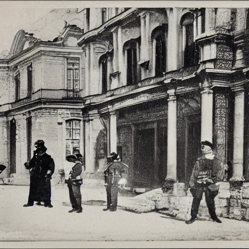 Image similar to by william henry hunt ornamented. the experimental art of a police station in the lithuanian city of vilnius. in the foreground, a group of policemen are standing in front of the building, while in the background a busy street can be seen.