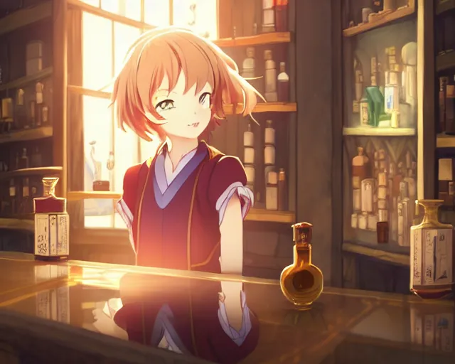 Image similar to anime visual, portrait of a young female traveler in a alchemist's potion shop interior, cute face by yoh yoshinari, katsura masakazu, cinematic luts, cold studio lighting, dynamic pose, dynamic perspective, strong silhouette, anime cels, ilya kuvshinov, cel shaded, crisp and sharp, rounded eyes