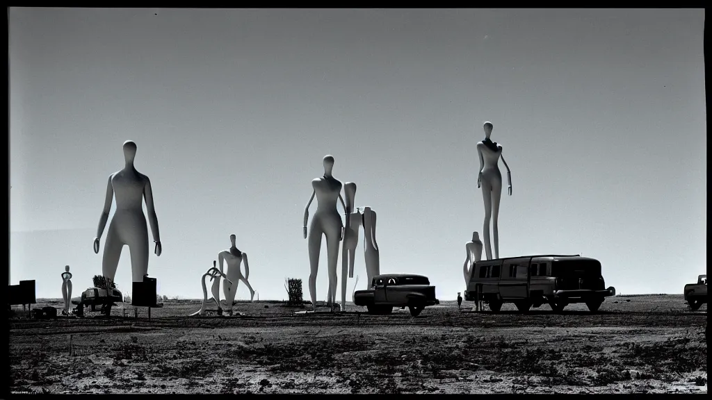 Image similar to a nuclear test site in america, late 50\'s suburban, mannequins, eerie, distopian