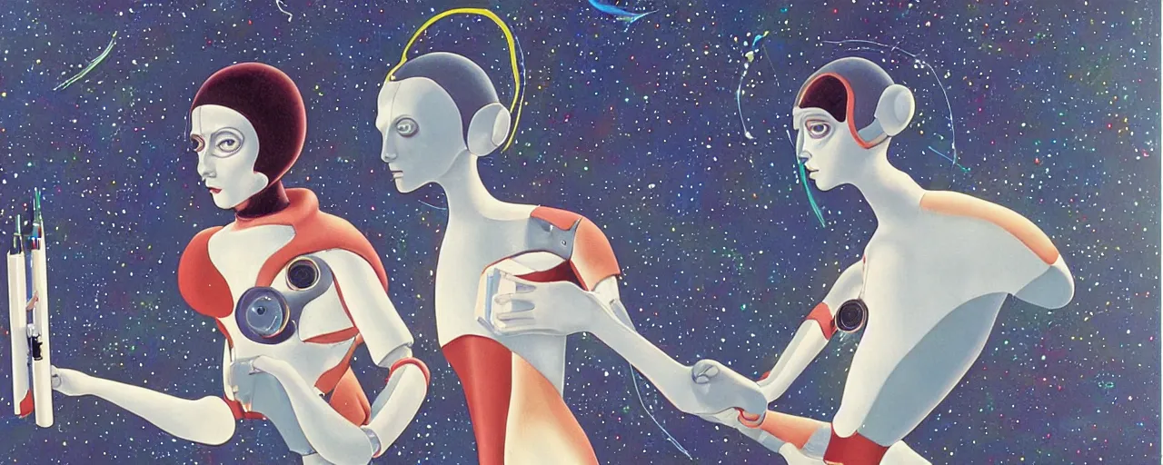 Image similar to a portrait of female young robotic ai artist painting onto a canvas in FANTASTIC PLANET La planète sauvage animation by René Laloux