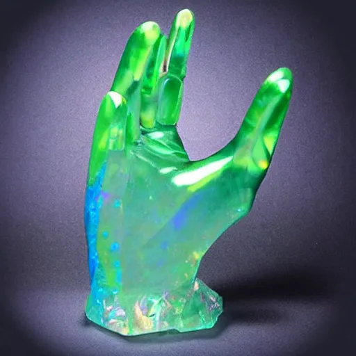 Image similar to “crystal hand sculpture made from iridescent translucent gemstone, 35 mm product photo”