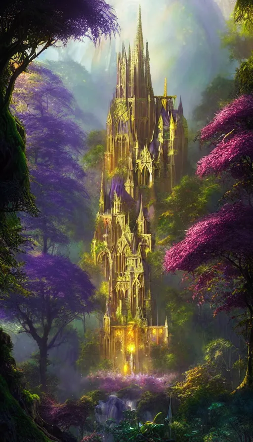 Image similar to fairy palace, castle towers, sunbeams, gothic cathedral, Japanese shrine waterfall, gold and gems, purple trees, lush vegetation, forest landscape, painted by tom bagshaw, raphael lacoste, eddie mendoza, alex ross concept art matte painting