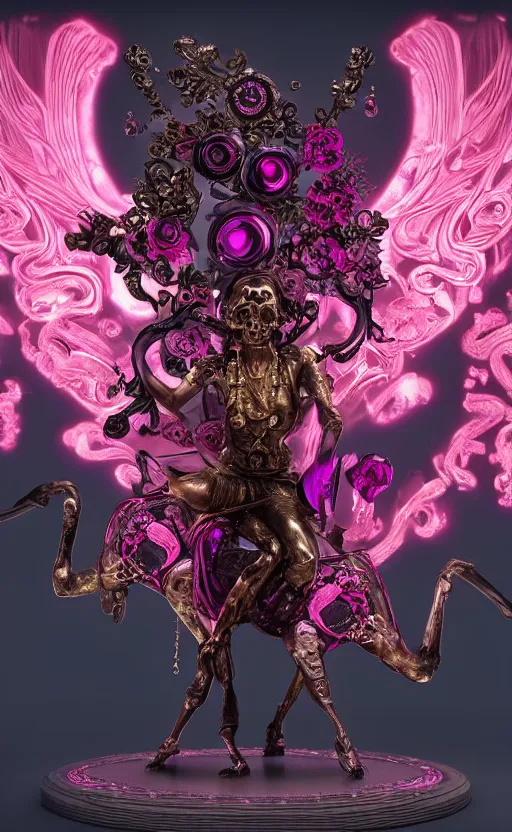 Image similar to a 3d Letter A with a large glowing pink crystal in the center, bronze cyberpunk style statue, mechanical flowers, flowing magenta silk, fabric, steampunk flowers. baroque elements, human skull. full-length view. baroque element. intricate artwork by caravaggio. many flying horses on background. Trending on artstation, octane render, cinematic lighting from the right, hyper realism, octane render, 8k, depth of field, 3D