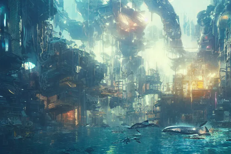 Prompt: a scenic view of an abandoned cyberpunk city under water, ray of sunlight, whale fall, fish flocks, Greg Rutkowski, Moebius, Mohrbacher, Mucha, blue and gold color scheme, ultra wide angle, light effect