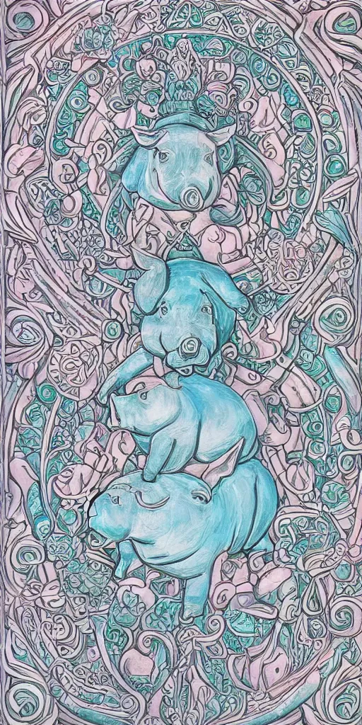 Image similar to intricate colourfully painted carved Soapstone relief paneling, white and pale blue , celestial, pig, piglet, piggy, pig goddess, mother earth, Earth Goddess mythology, Gaia, angels, divinity, Ghostly, crystaline celtic, insanly detailed , artstation, wallpaper, hyper realistic, realistic lighting