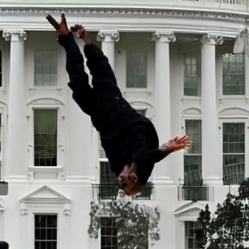 Image similar to Kanye West does a backflip on the White House while Barack Obama is watching