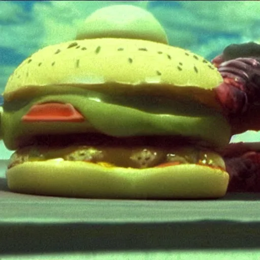 Image similar to the strange cheeseburger creature at the fast food place, film still from the movie directed by denis villeneuve and david cronenberg with art direction by salvador dali and zdzisław beksinski, wide lens