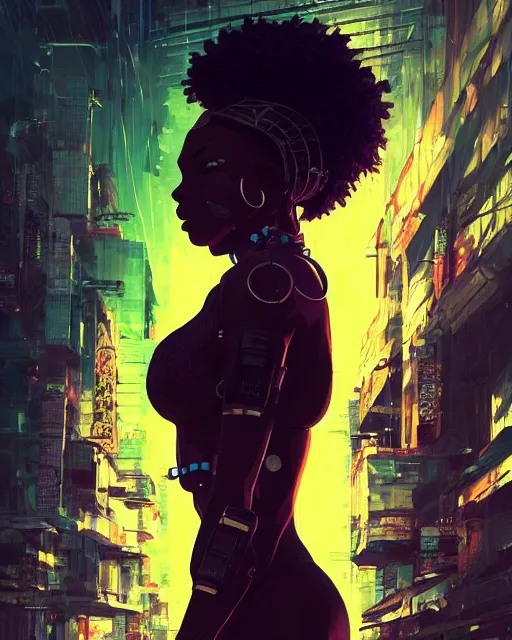 Image similar to kyoto animation, cool african lady wearing cyberpunk intricate warcore, beautiful, detailed portrait, cell shaded, 4 k, concept art, by wlop, ilya kuvshinov, artgerm, krenz cushart, greg rutkowski, pixiv. cinematic dramatic atmosphere, sharp focus, volumetric lighting, cinematic lighting, studio quality