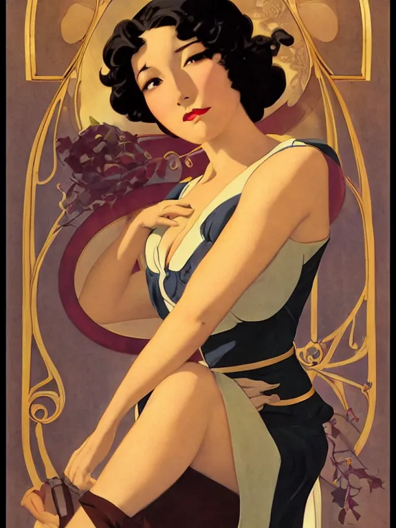 Image similar to korra, a beautiful art nouveau portrait by Gil elvgren, 1920s city environment, centered composition, defined features, golden ratio, gold jewlery, photorealistic professional lighting, cinematic