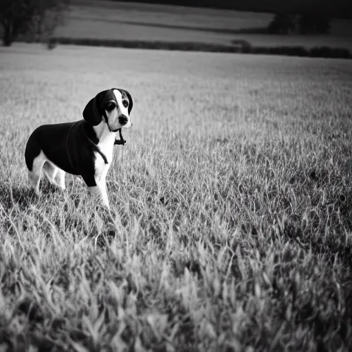 Image similar to beagle in a field, movie still, photography, DSLR 35mm, low light photography,