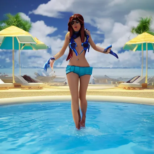 Image similar to pool party Caitlyn (League of Legends) starting into the caribbean horizon . hyperreal 3d octane render 8k