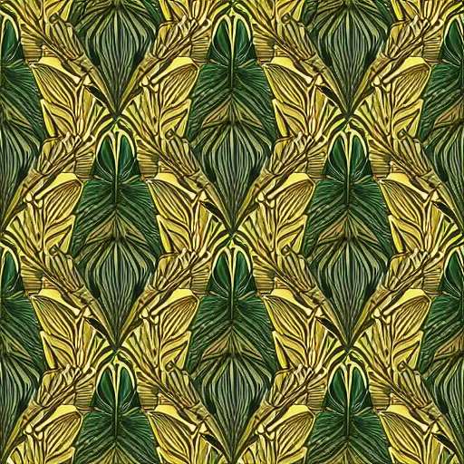 Image similar to symmetry, repeating pattern. seamless gold green leaf. wall paper. art deco with inspiration from mucha