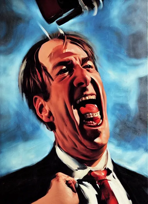 Image similar to saul goodman, screaming, painting by phil hale, fransico goya, david lynch,'action lines '!!!, graphic style, visible brushstrokes, motion blur, blurry